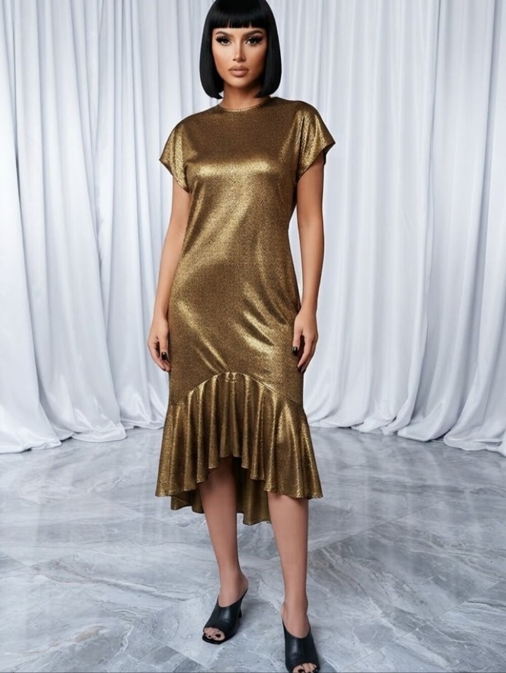 NWT Vintage Blondie And Me Midi Dress Size 10 / 11 Metallic 90s Gold Keyhole